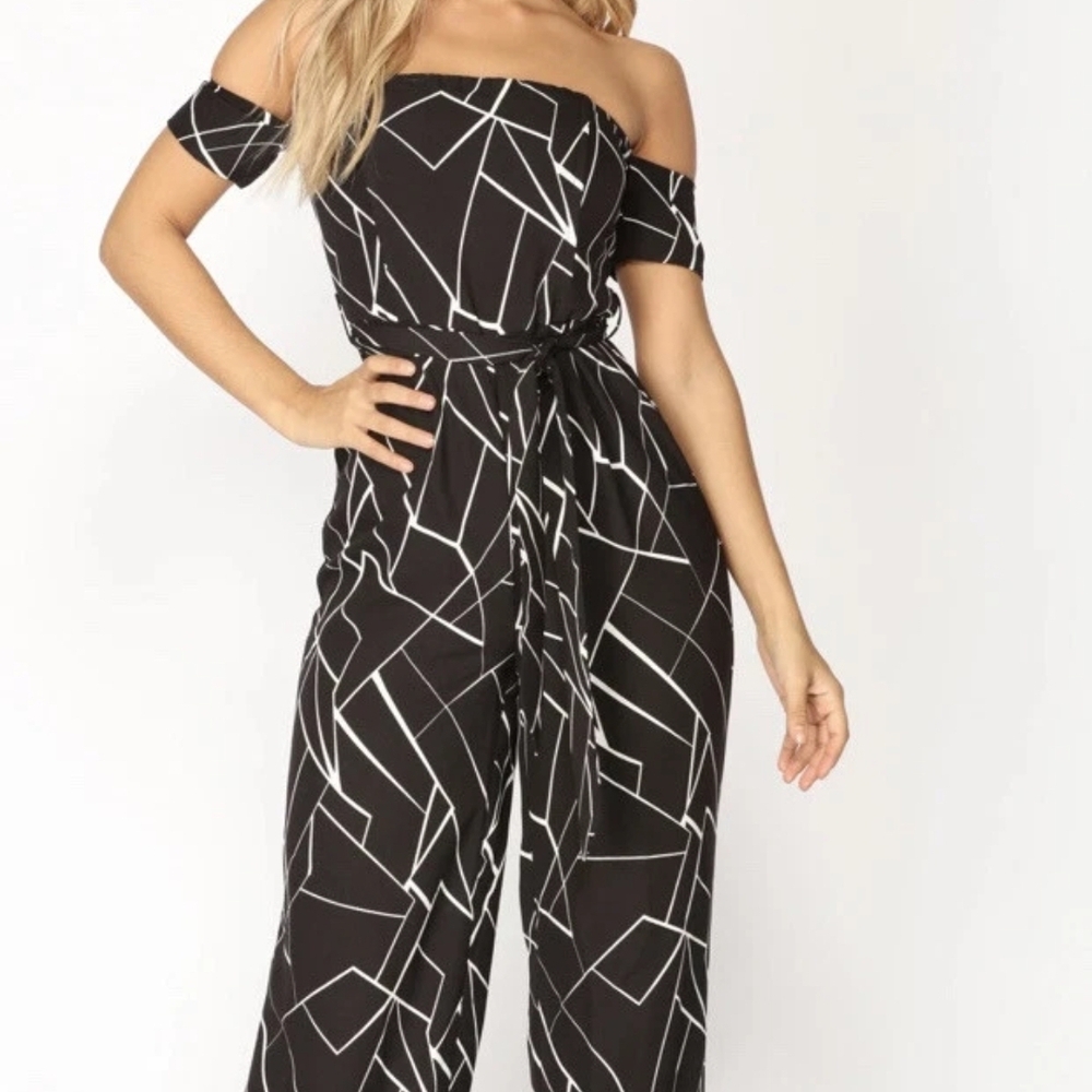 Blush Off-Shoulder Black and White Jumpsuit